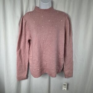 INC International Concepts Sweater Womens Medium Pink Mock Neck Pearl Beaded